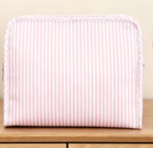 COMING SOON - Pink Pinstripe Wipeable Cosmetic Bag | Water-Resistant Travel Makeup Pouch