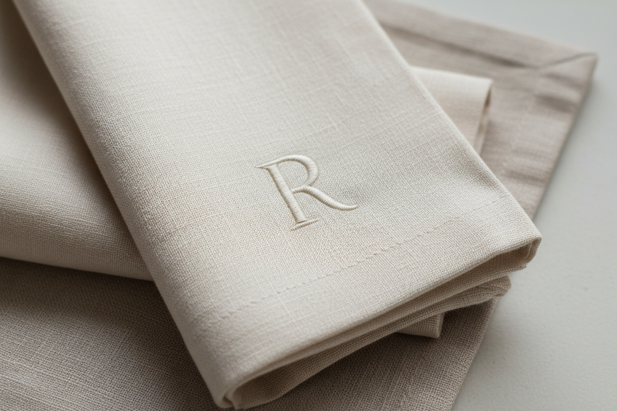 ivory linen napkin with single shuler romanesque font